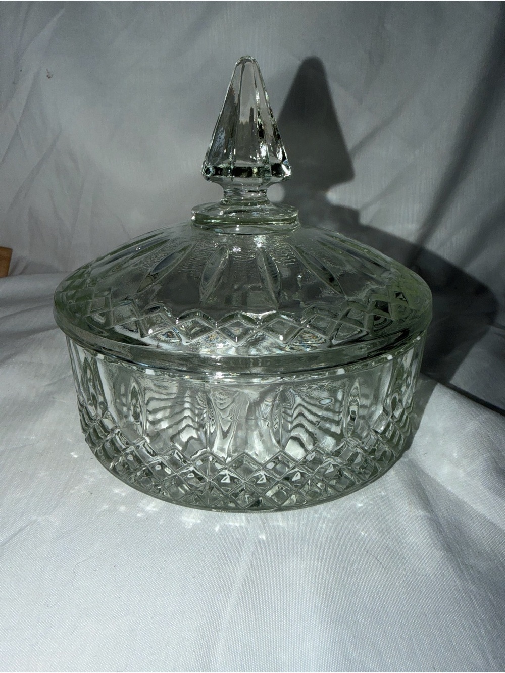 Vintage Clear Pressed Glass Lidded Candy Dish - Diamond & Starburst Pattern